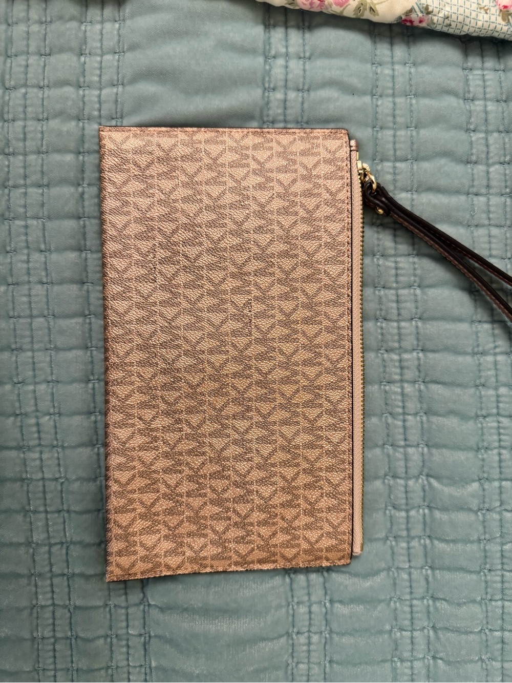 Michael Kors Rose Gold Logo-Print Wristlet Wallet with Dark Brown Strap - Picture 2 of 3